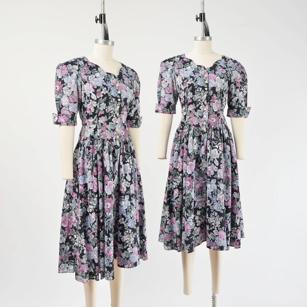 Vintage 80s Black Floral Midi Cottagecore Cotton Puff Sleeve Full Dress XS S
